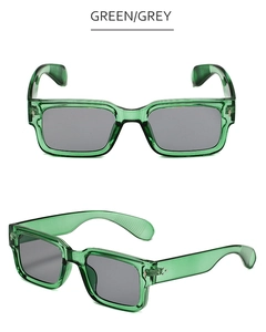Détails de lunettes de soleil rectangulaires vertes avec verres gris et rivets en métal