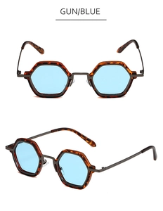 Detail view of hexagonal sunglasses with gunmetal frame and tortoise shell accents