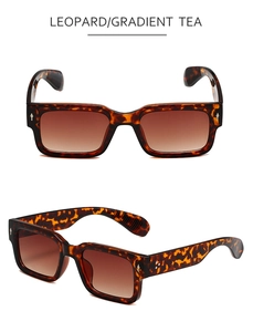 Details de lunettes de soleil carrees leopard avec verres degrade tea et rivets metalliques