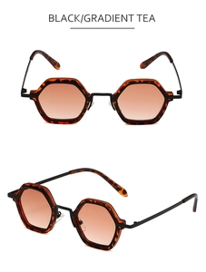 Detailed front and side views of hexagonal tortoise frame sunglasses with gradient tea lenses