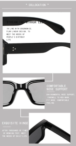 Détails de lunettes de soleil carrées avec charnières en métal et repose-nez