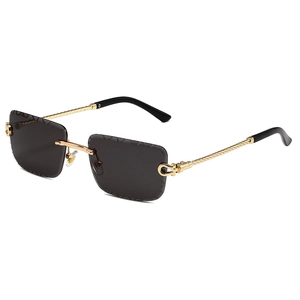 Fashion rimless rectangular sunglasses with gold twist metal temples on a white background
