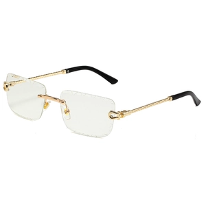 Fashion rimless rectangular sunglasses with gold twisted metal temples and clear lenses