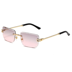 Frameless square sunglasses with pink gradient lenses and golden twist metal temples