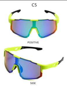 Vista dettagliata di occhiali da ciclismo giallo fluo con lenti riflettenti blu-viola
