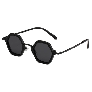 Retro punk hexagonal sunglasses with black metal frames and lenses for men and women