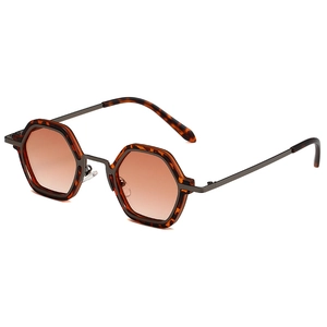 Hip-hop polygonal sunglasses with tortoiseshell frame and gradient lenses on white background