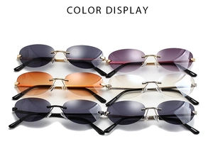 Detailed color display of rimless oval Y2K sunglasses in six vibrant lens tints