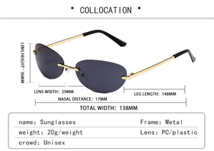 Detailed size chart and dimensions of the Y2K rimless oval sunglasses with metal temples