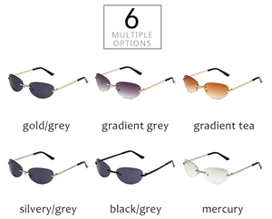 Showcase of six frameless oval sunglasses with metallic temples in various lens colors