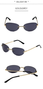 Three views of Y2K rimless oval sunglasses with grey lenses and golden metal frames