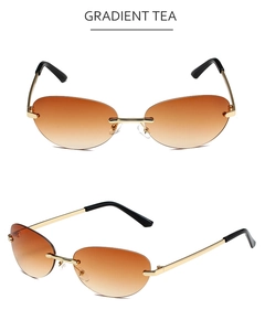 Detailed front and side views of rimless Y2K oval sunglasses with gradient tea lenses