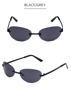 Detailed front and side view of rimless oval sunglasses with black temples and grey lenses