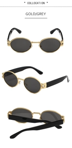 Vues détaillées de lunettes de soleil ovales vintage avec monture dorée et verres gris