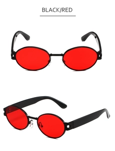Vues détaillées de lunettes de soleil ovales noires avec verres rouges de style rétro punk