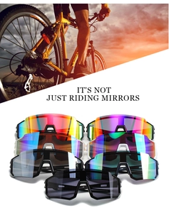 Close-up of cycling sunglasses with multiple color options and UV protection lenses