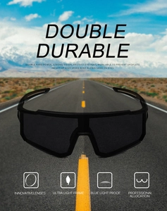 Detail showing ultralight black frame cycling sunglasses with blue light proof lenses