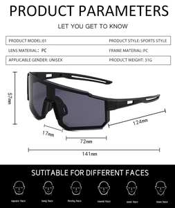 Detailed specs of unisex cycling sunglasses with black frame and 31g lightweight design