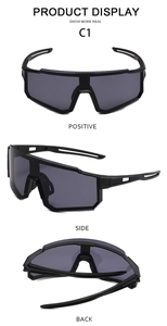 Multiple views of matte black cycling sunglasses with UV protection and non-slip temples