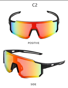 Front and side views of sports cycling sunglasses with iridescent rainbow lenses