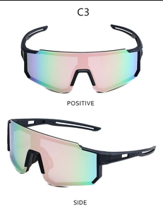 Front and side views of matte black cycling sunglasses with rainbow reflective lenses