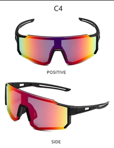 Front and side view of sporty cycling sunglasses with rainbow gradient lenses and matte frame