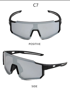 Front and side view of sporty matte black sunglasses with silver mirrored lenses