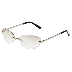 Y2K rimless oval sunglasses with silver metal temples and gradient brown lenses