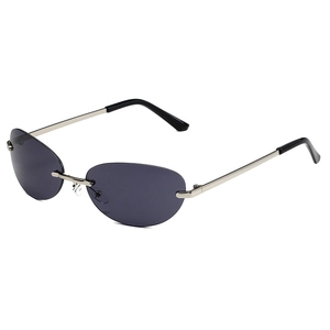 Y2K rimless oval sunglasses with grey lenses and silver metal temples on white background