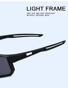 Detail of matte black sport sunglasses with lightweight frame and anti-slip hollow temple