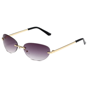 Y2K rimless oval sunglasses with purple gradient lenses and gold metal temples