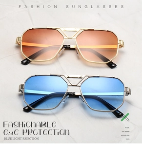 Detail of double bridge pilot sunglasses showing blue light rejection lens technology