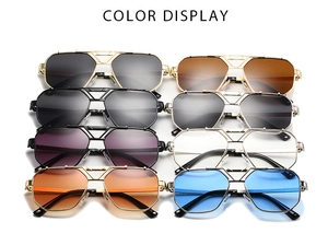 Color display of double bridge pilot sunglasses with metallic retro frames in various tints