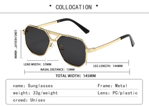 Detailed size specifications for metal aviator sunglasses with frame dimensions in mm