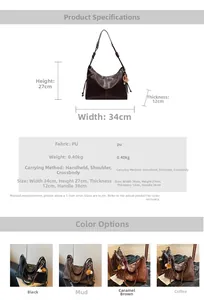 Detailed chart showing tote bag dimensions 34x27x12cm and four color options