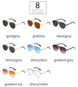 Collage of dual-bridge aviator sunglasses in eight metallic frame and lens color options
