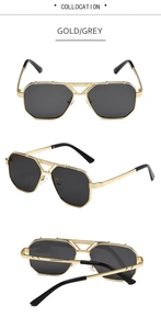 Multiple views of gold double bridge pilot sunglasses with dark grey lenses and black tips