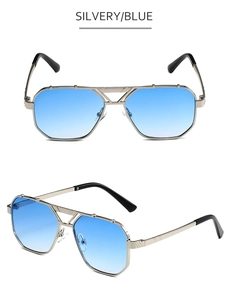 Close-up of silver metal double bridge aviator sunglasses with blue gradient lenses