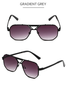 Macro detail of double bridge pilot sunglasses with gradient grey lenses and metal frame