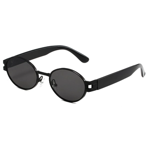 Lunettes de soleil ovales rétro avec monture noire et verres gris, vue de dessus