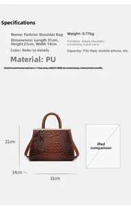 Brown crocodile pattern tote bag dimensions 31x21x14cm with strap details