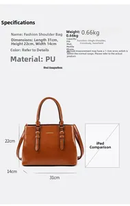 Detailed size specifications and dimensions for the brown PU leather tote bag