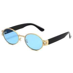 Lunettes de soleil ovales rétro avec verres bleu clair et monture en métal doré chic