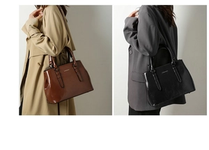 Dual view of brown and black glossy faux leather tote bags shown with business casual outfits