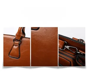Macro detail of brown leather texture and reinforced metal hardware on a tote bag