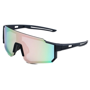 Cycling sunglasses with black frame and colorful iridescent polarized shield lens