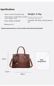 Detailed size specifications for the crocodile-patterned tote bag showing 28x22x11cm dimensions