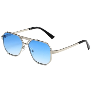 Classic silver metal pilot sunglasses with double bridge and blue gradient lenses