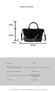 Détails du sac à main en PU noir avec chaîne argentée montrant les dimensions et specs