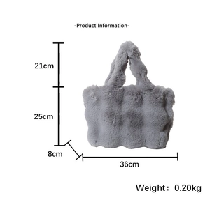 Detailed size specifications for the grey faux fur tote bag with plush ripple texture